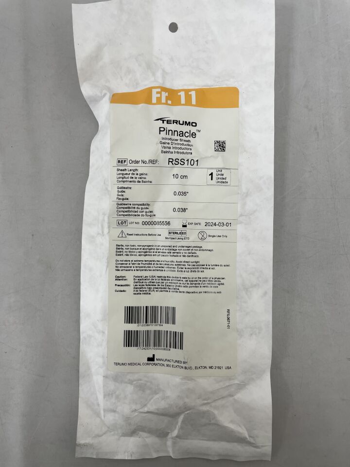 RSS101 - TERUMO - Pinnacle Peripheral Introducer Sheath with 0.035" Mini-Wire 11F x 10cm, (EA) - ( Expiry Date: 2024-03-01 )