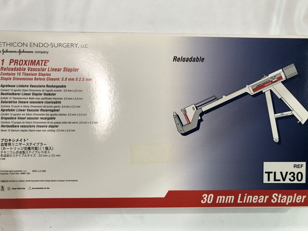 TLV30 - ETHICON - Proximate Reloadable Vascular Linear Stapler, 30mm, contains 15 titanium staples 3.00mm x 2.5mm, () - ( Expiry Date: 2018-05-06 )