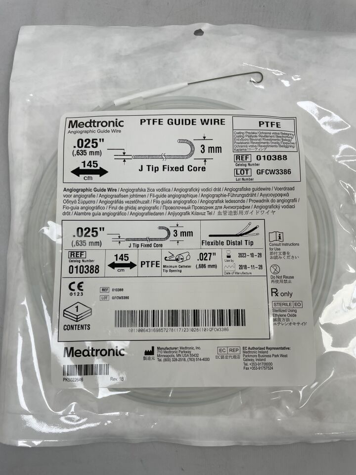 010388 - MEDTRONIC - Angiographic PTFE Guide Wire, Fixed Core 0.025" x 145cm, 3mm J
, () - ( Expiry Date: 2023-11-17 )
