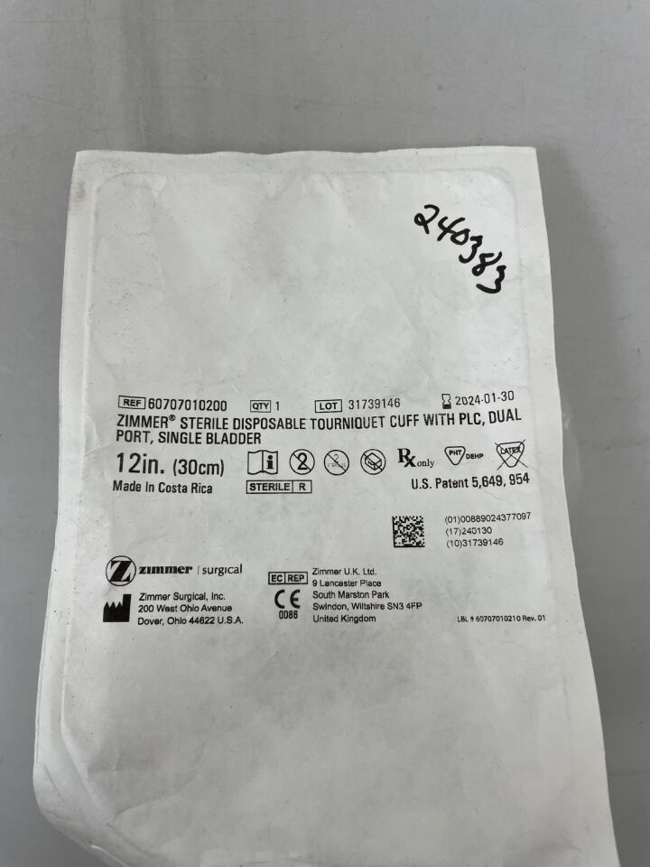 60707010200 - ZIMMER - Tourniquet Cuff, 12 L x 4.125 in. W, Dual Port, Single Bladder, Luer Lock Connector, (EA) - ( Expiry Date: 2024-01-30 )