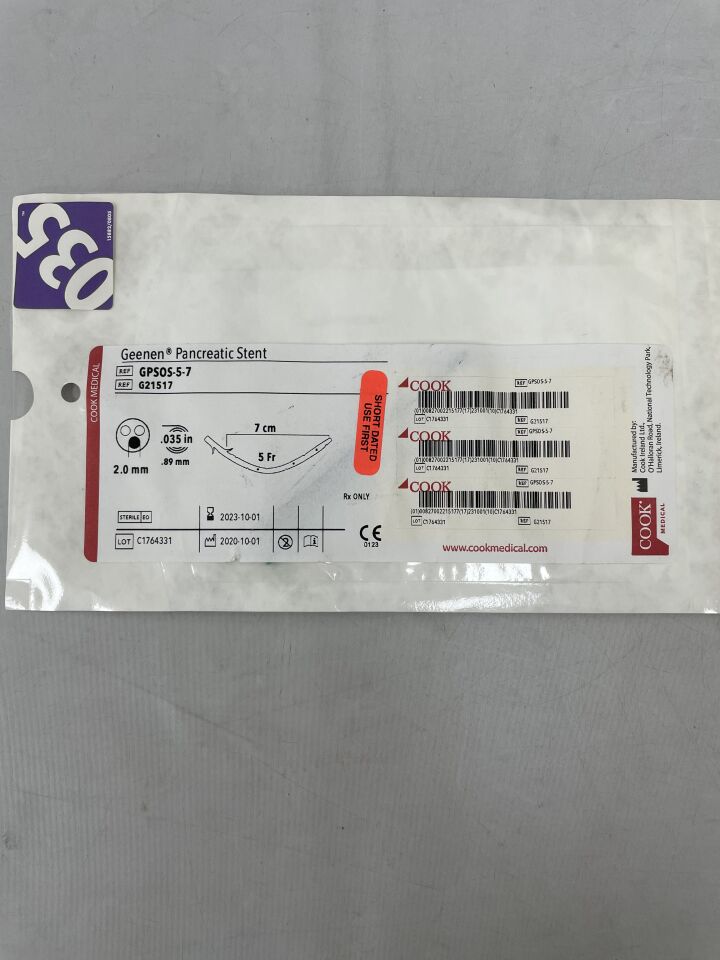 G21517 - COOK - Geenen Pancreatic Stent 7cm x 5Fr, (EA) - ( Expiry Date: 2023-10-01 )