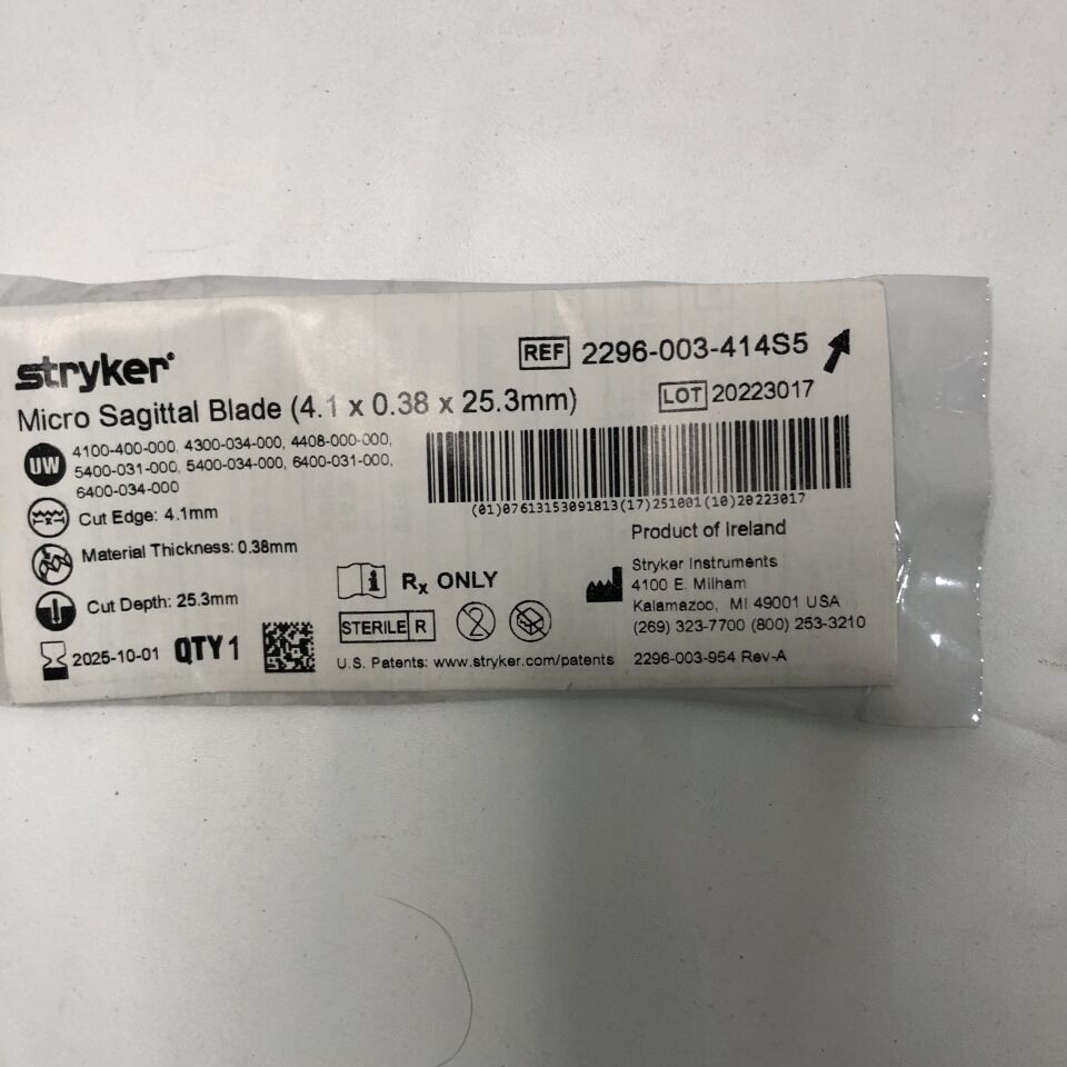2296-003-414S5  -  STRYKER  -  Micro Sagittal Blade, 4.1 x 0.38 x 25.3mm , ( EA )  -  ( Expiry Date : 2025-10-01 )