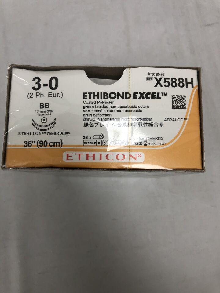 X588H - ETHICON - Ethibond Excel 綠色塗層聚酯編織縫合線，3-0 號，36 英吋長，BB 針，（BX）-（有效期：2028-10-31）