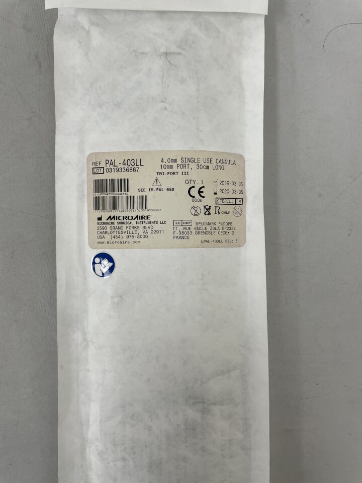 PAL-403LL - MICROAIRE SURGICAL - TRI-PORT III 4.0mm single use cannula, 10mm port, 30cm long, (EA) - ( Expiry Date: 2023-03-05 )