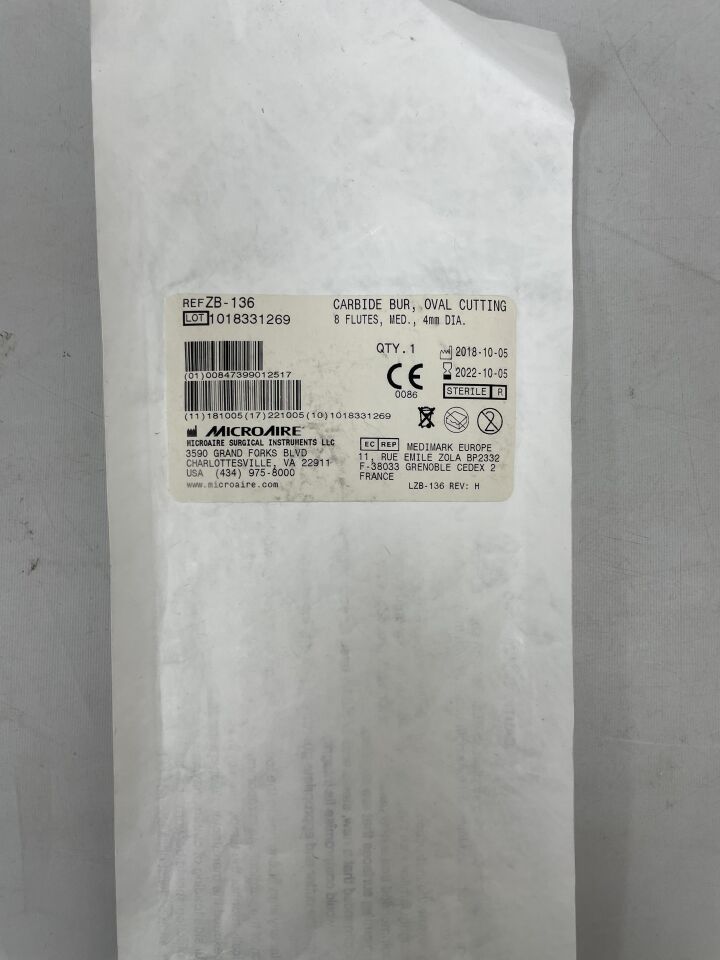 ZB-136 - MICROAIRE SURGICAL - CARBIDE BUR, OVAL CUTTING, 8 FLUTES, MED., 4mm DIA., () - ( Expiry Date: 2022-10-05 )