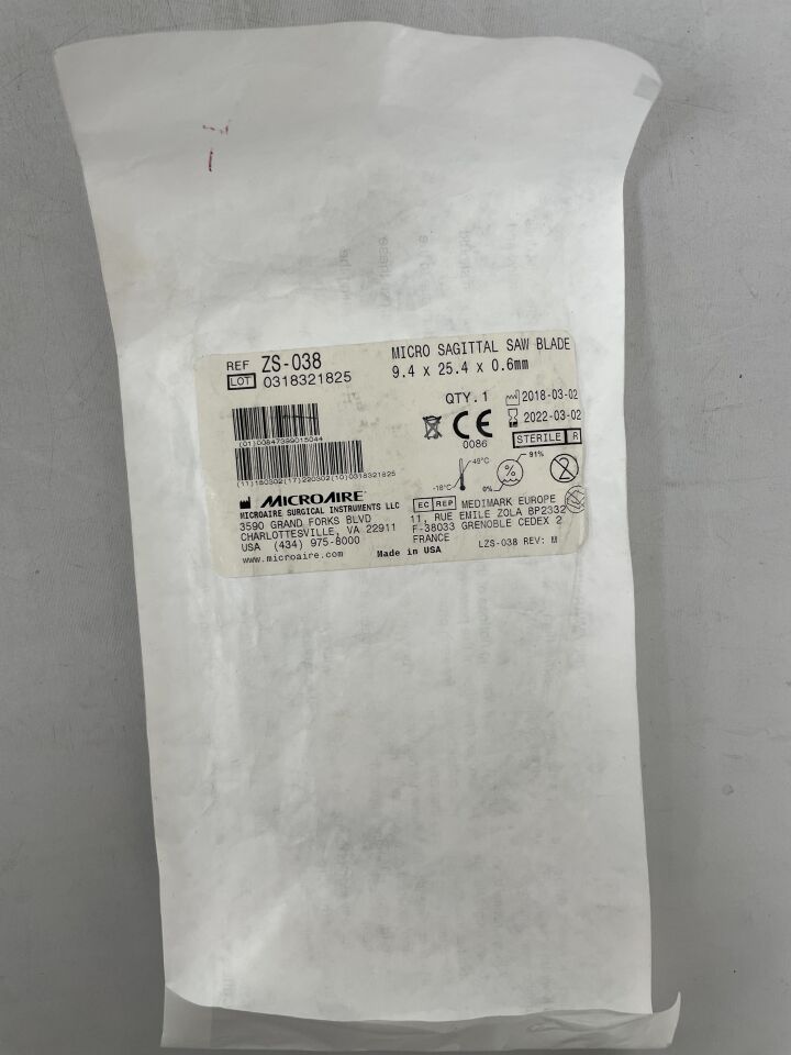 ZS-038 - MICROAIRE SURGICAL - Micro Sagittal Saw Blade 9.4mm x 25.5mm x .4mm, (EA) - ( Expiry Date: 2022-03-02 )