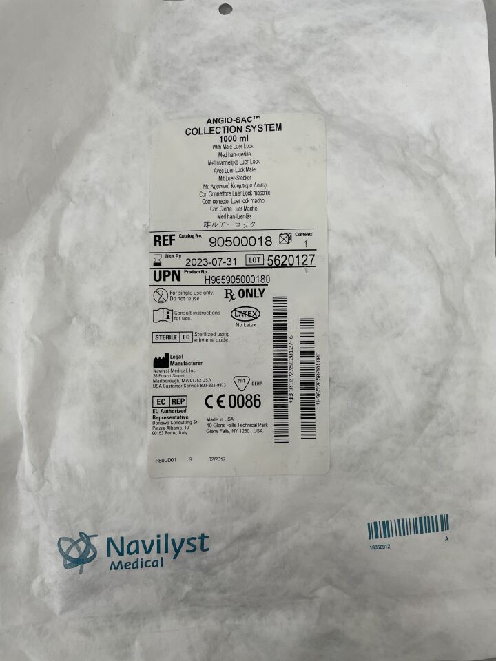 90500018 - NAVILYST - Angio-Sac, Collection System with Male luer lock, 1000ml, (EA) - ( Expiry Date: 2023-07-31 )