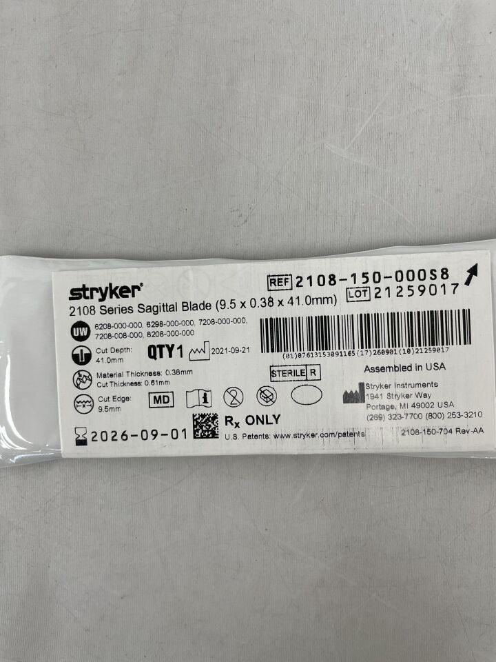 2108-150-000S8  -  STRYKER  -  2108 Series Sagittal Blade (9.5 x 0.38 x 41.0mm) , ( EA )  -  ( Expiry Date : 2026-09-01 )