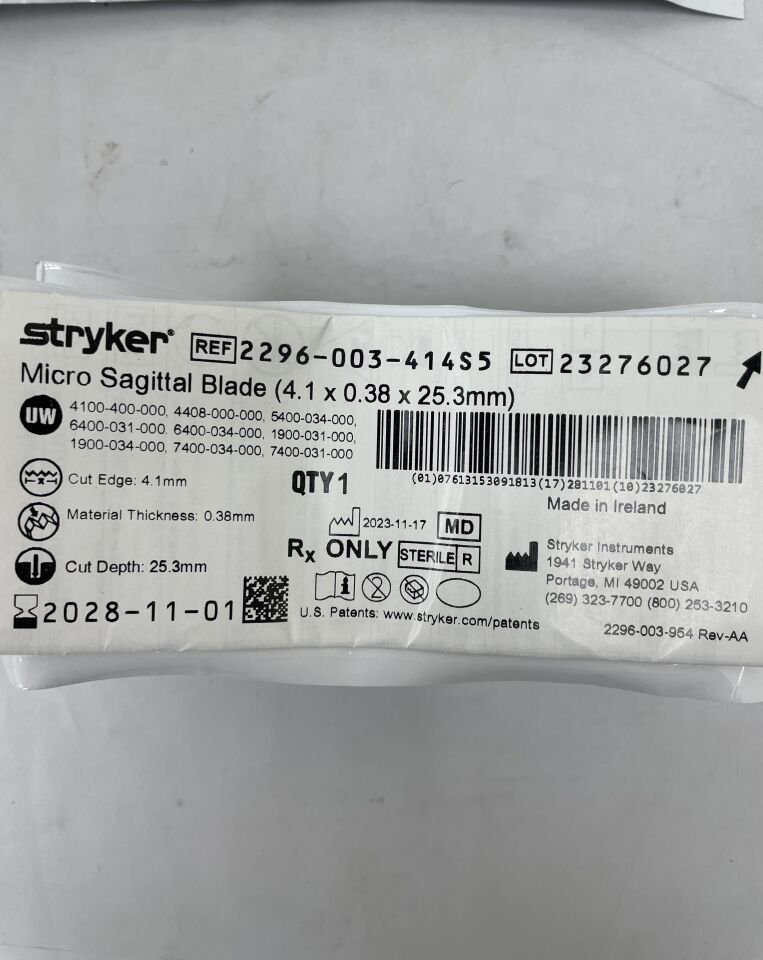 2296-003-414S5  -  STRYKER  -  Micro Sagittal Blade 4.1mm x 25.3mm x 0.38mm , ( EA )  -  ( Expiry Date : 2028-11-01 )
