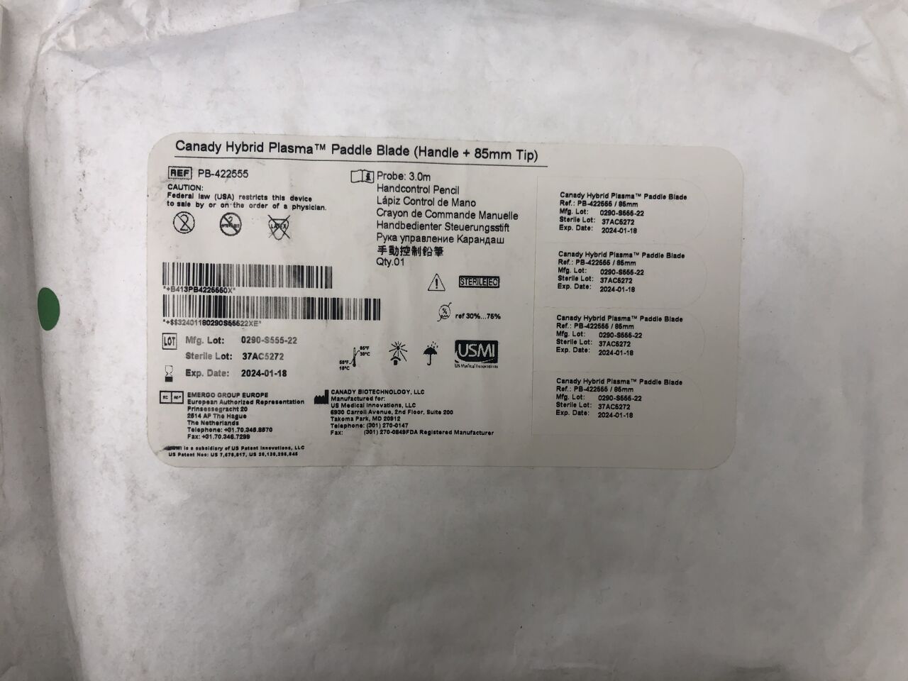 PB-422555 - CANADY - Hybrid Plasma Paddle Blade, Handle + 85mm Tip, 3.0m Probe, Handcontrol Pencil, () - ( Expiry Date: 2024-01-20 )