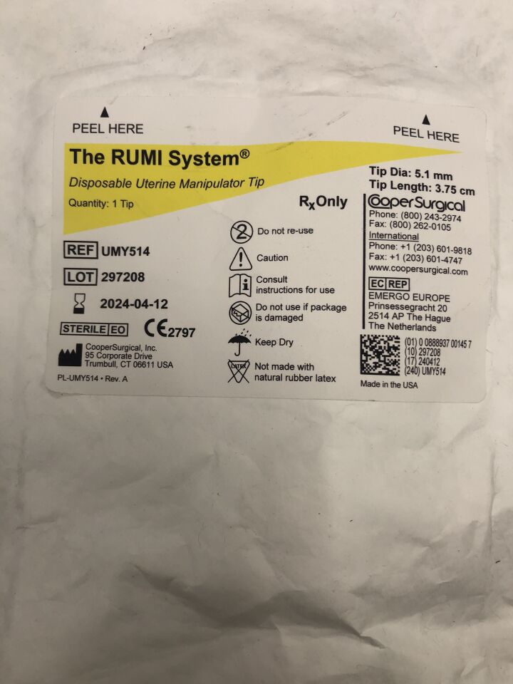 UMY514 - COOPER SURGICAL - RUMI System, Uterine Manipulator Tip, Yellow, 5.1mm x 3.75cm, () - ( Expiry Date: 2024-04-12 )