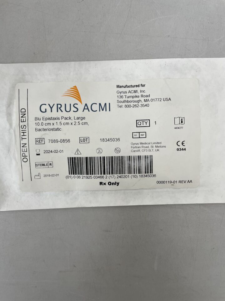 7089-0856 - GYRUS - Blu Epistaxis Pack Large 10.0cm x 1.5cm x 2.5cm Bacteriostatic, (EA) - ( Expiry Date: 2024-02-01 )