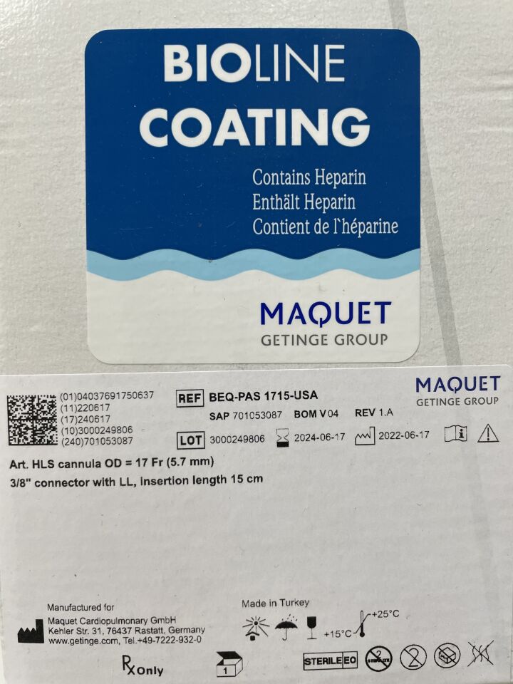 BEQ-PAS1715-USA - MAQUET - arterial hls cannula, bioline 17f x 15cm, () - ( Expiry Date: 2022-09-20 )