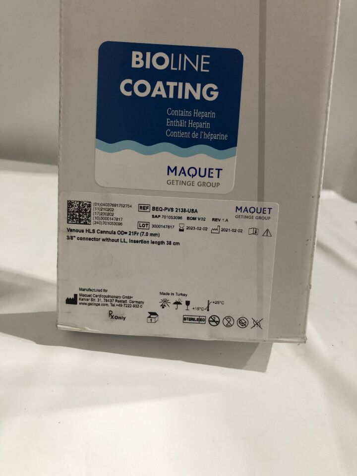 BEQ-PVS 2138-USA - MAQUET - Venous HLS Cannula, OD=21Fr, 3/8 connector without LL, insertion length 38cm, (BX/1) - ( Expiry Date: 2023-02-02 )