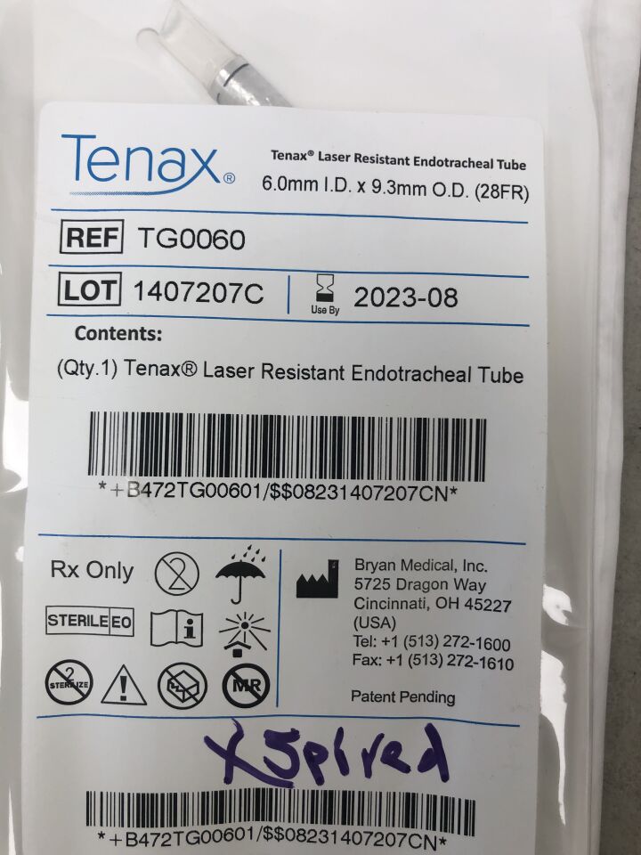 TG0060 - TENAX - Laser Resistant Endotracheal Tube, 6.0mm ID x 9.3OD (28FR), (EA) - ( Expiry Date: 2023-08-20 )