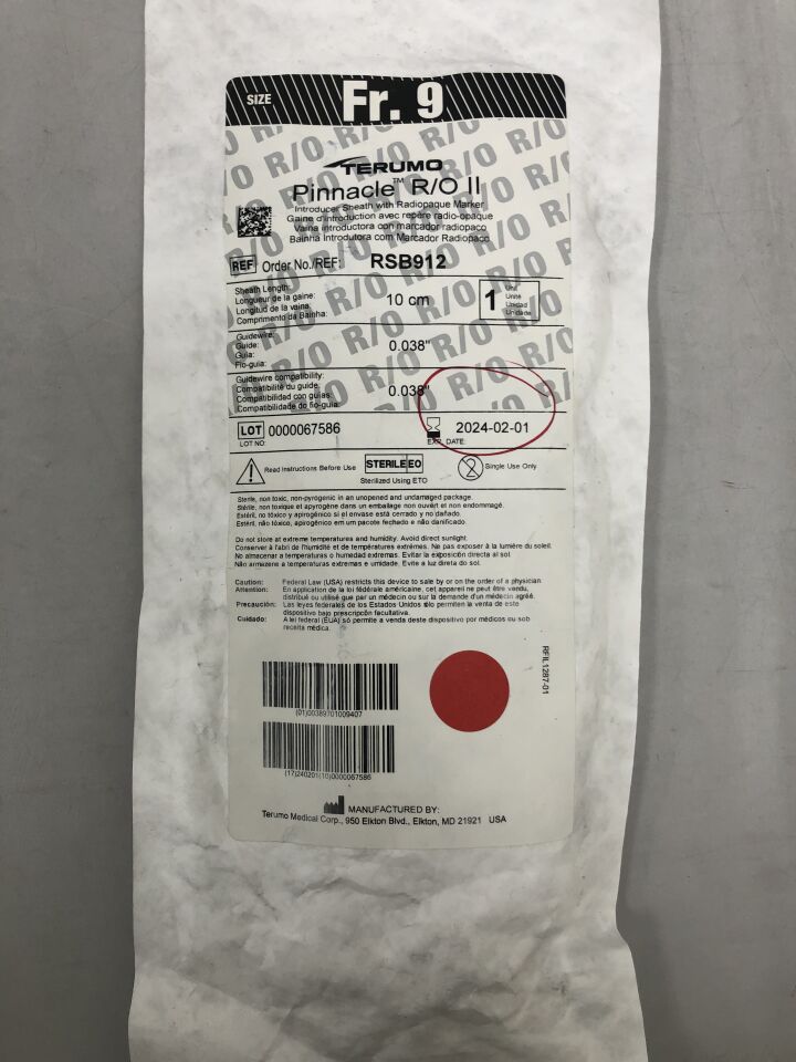 RSB912 - TERUMO - Pinnacle R/O II Introducer Sheath with Radioplaque Marker, 9Fr 10cm, (EA) - ( Expiry Date: 2024-02-01 )