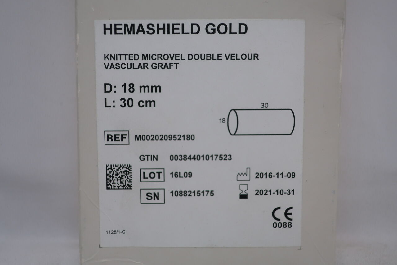M002020952180 - MAQUET - Hemashield Gold Knitted Microvel Straight Double Velour Vascular Graft with Graft  18mm x 30cm, (BX/1) - ( Expiry Date: 45360 )