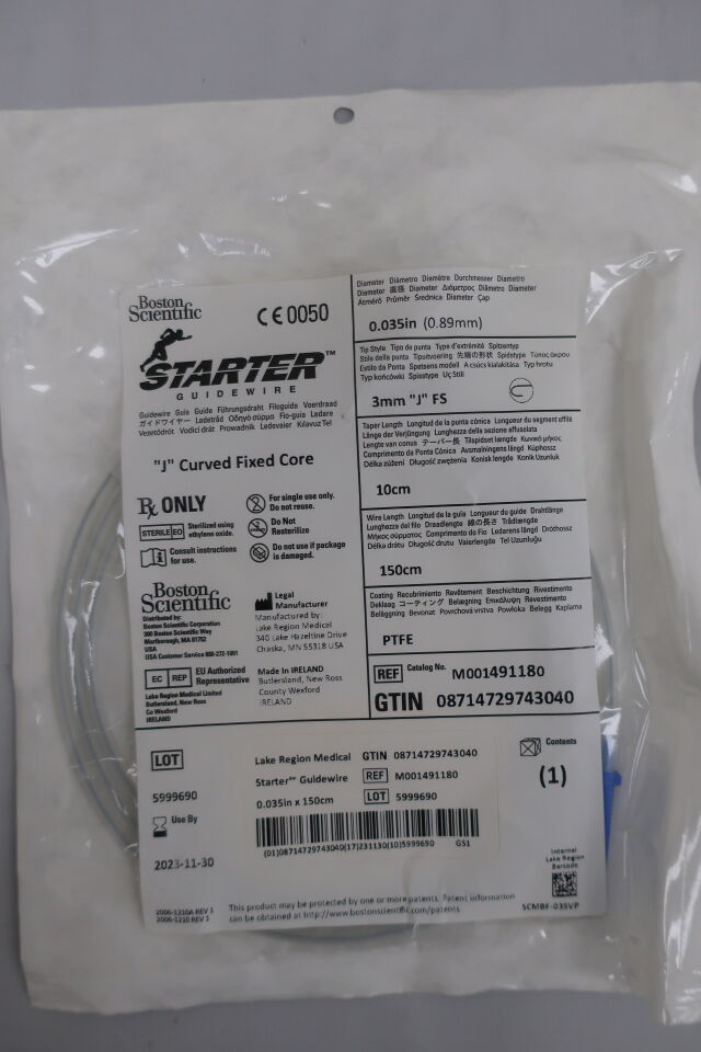 49118 - BOSTON SCIENTIFIC - Starter Guidewire, PTFE Coated J Tip, Fixe Core, 150 cm length, 10cm taper length, () - ( Expiry Date: 2024-06-30 )