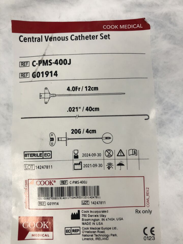 G01914 - COOK - Central Venous Catheter Set, 4Fr/12cm, (EA) - ( Expiry Date: 2024-09-30 )