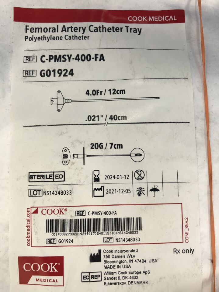 G01924 - COOK - Femoral Artery Catheter Tray, Polyethylene Catheter, 4Fr/12cm, (EA) - ( Expiry Date: 2024-01-12 )