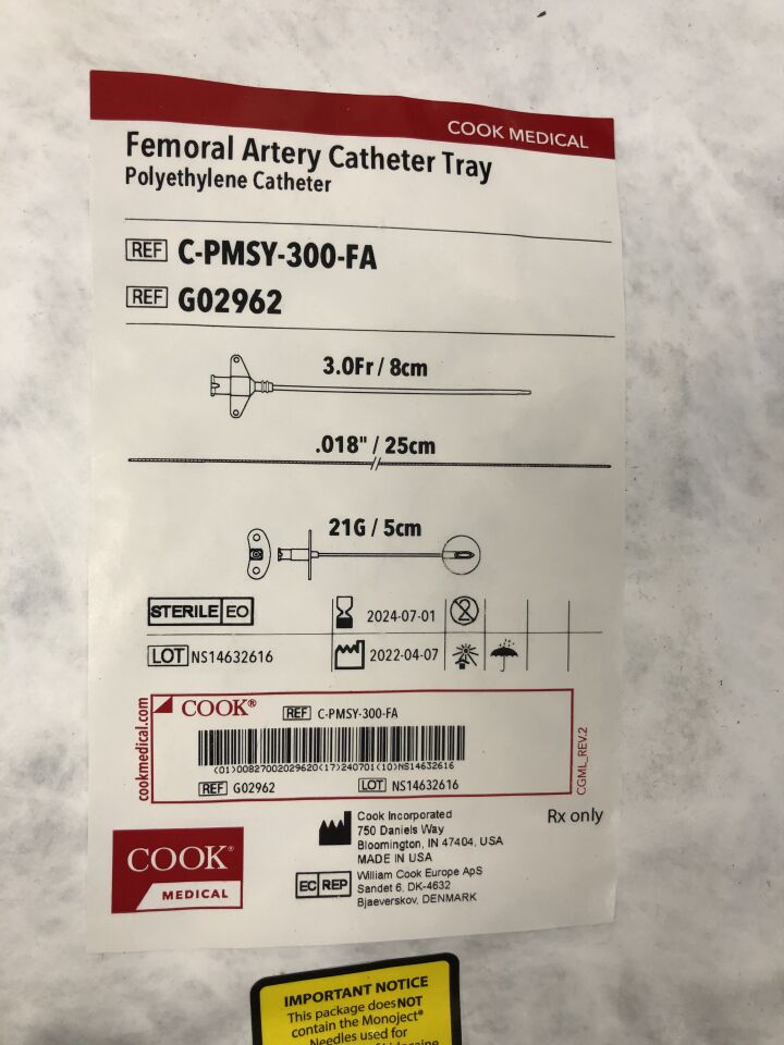 G02962 - COOK - Femoral Artery Catheter Tray, Polyethylene Catheter, 3Fr/8cm, (EA) - ( Expiry Date: 2024-07-01 )