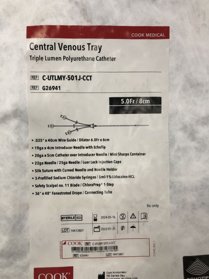 G26941 - COOK - Central Venous Tray, Triple Lumen Polyurethane Catheter, 5Fr/8cm, (EA) - ( Expiry Date: 2024-05-16 )