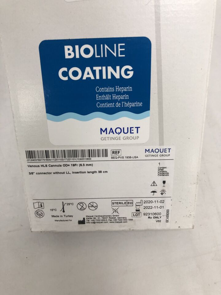 BEQ-PVS 1938-USA - MAQUET - Venous HLS Cannula, 19Fr OD, 3/8" Connector without LL, Insertion length 38cm, with Bioline Coating, (BX/1) - ( Expiry Date: 2022-11-01 )