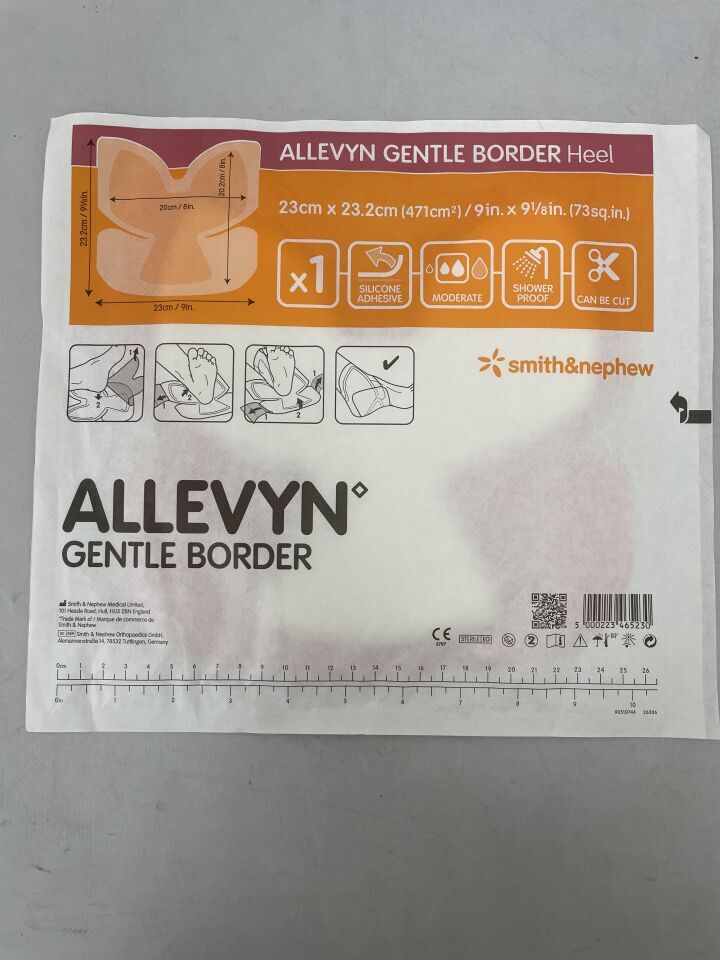 66020407  -  SMITH & NEPHEW  -  ALLEVYN Gentle Border Dressing, Heel, 23 x 23 cm , ( EA )  -  ( Expiry Date : 2025-07-01 )