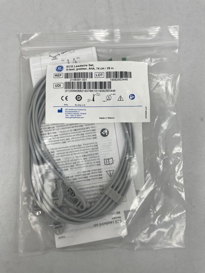 2106391-001 - GE HEALTHCARE - Juego de cables conductores de ECG, 5 derivaciones, pinza, AHA, 74 cm/29 pulgadas, (unidad) - (Fecha de caducidad: 31/12/2099)
