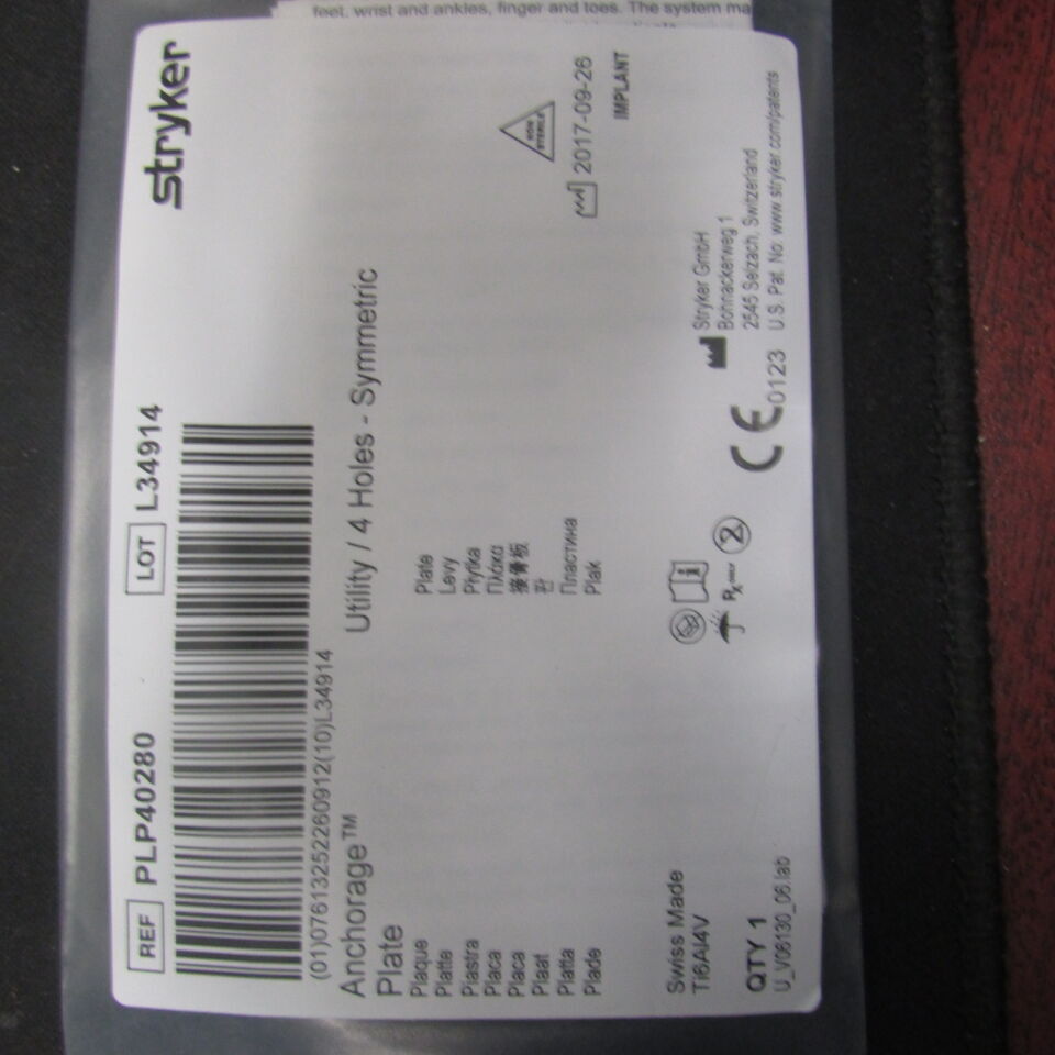 PLP40280  -  STRYKER  -  ANCHORAGE Plate, Utility/4 holes, symmetric, 28 mm , ( EA )  -  ( Expiry Date : 2030-01-09 )