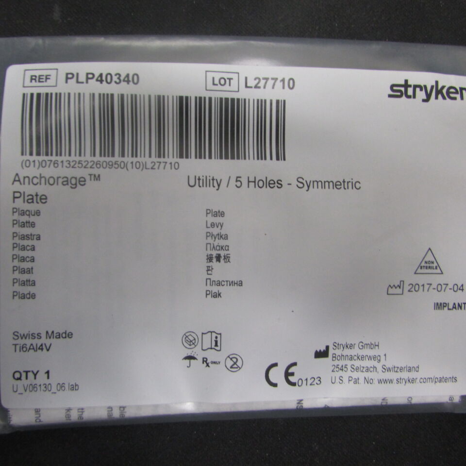 PLP40340  -  STRYKER  -  ANCHORAGE Plate, Utility/5 holes, symmetric, 33 mm length , ( EA )  -  ( Expiry Date : 2030-01-10 )
