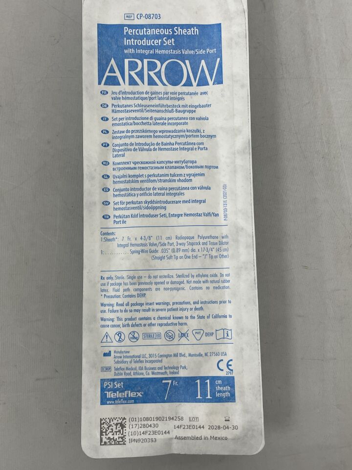 CP-08703 - ARROW - Percutaneous Sheath Introducer Set w/Guide Wire 7F x 11cm, (EA) - ( Expiry Date: 2028-04-30 )