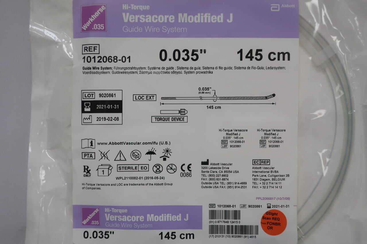 1012068-01 - ABBOTT - Hi-Torque Versacore Modified J Guide Wire System, 0.035", 145 cm, (BX/5) - ( Expiry Date: 2023-09-30 )