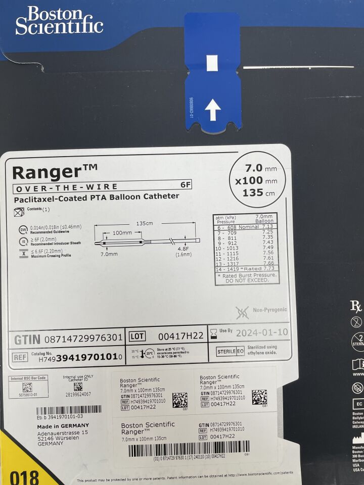 3941970101 - BOSTON SCIENTIFIC - Ranger Paclitaxel-Coated PTA Balloon Catheter - OTW - 7.0mm x 100mm x 135cm, () - ( Expiry Date: 2024-01-10 )