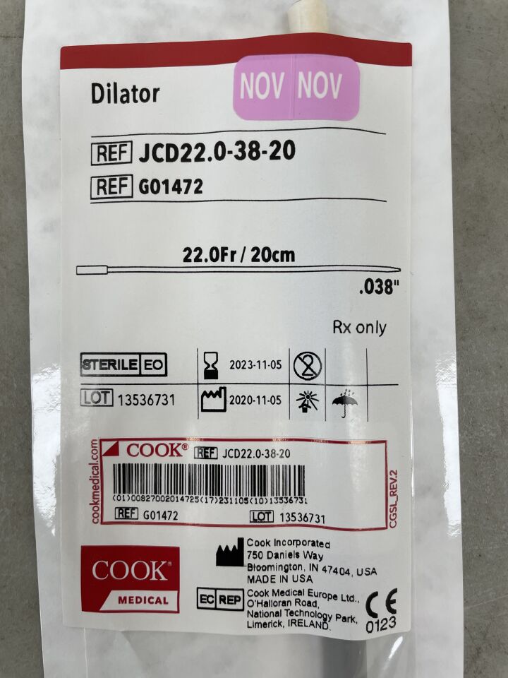 G01472 - COOK - Standard Dilator 22F x 20cm, 0.038", (EA) - ( Expiry Date: 2023-11-05 )