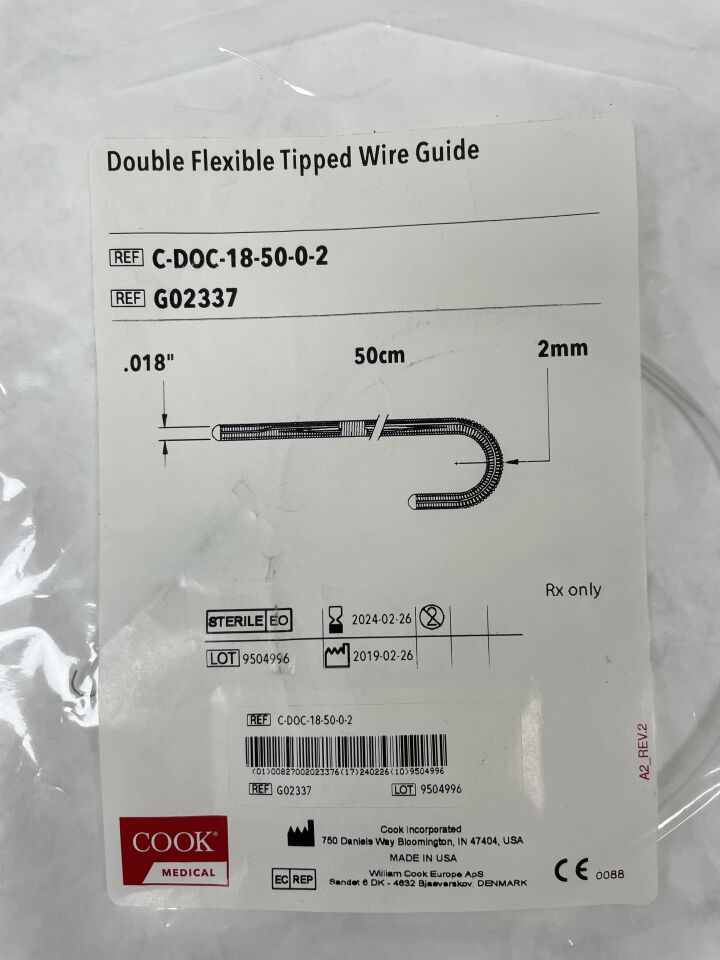 G02337 - COOK - Double Flexible Tipped Wire Guide - C-DOC-18-50-0-2 - .018" x 50cm x 2mm, (EA) - ( Expiry Date: 2024-02-26 )