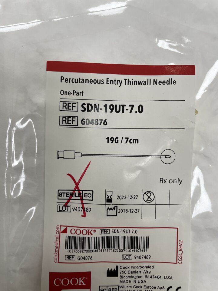 G04876 - COOK - One Part Percutaneous Entry Needle w/o Baseplate 19G UTW x 7cm, (EA) - ( Expiry Date: 2023-12-27 )