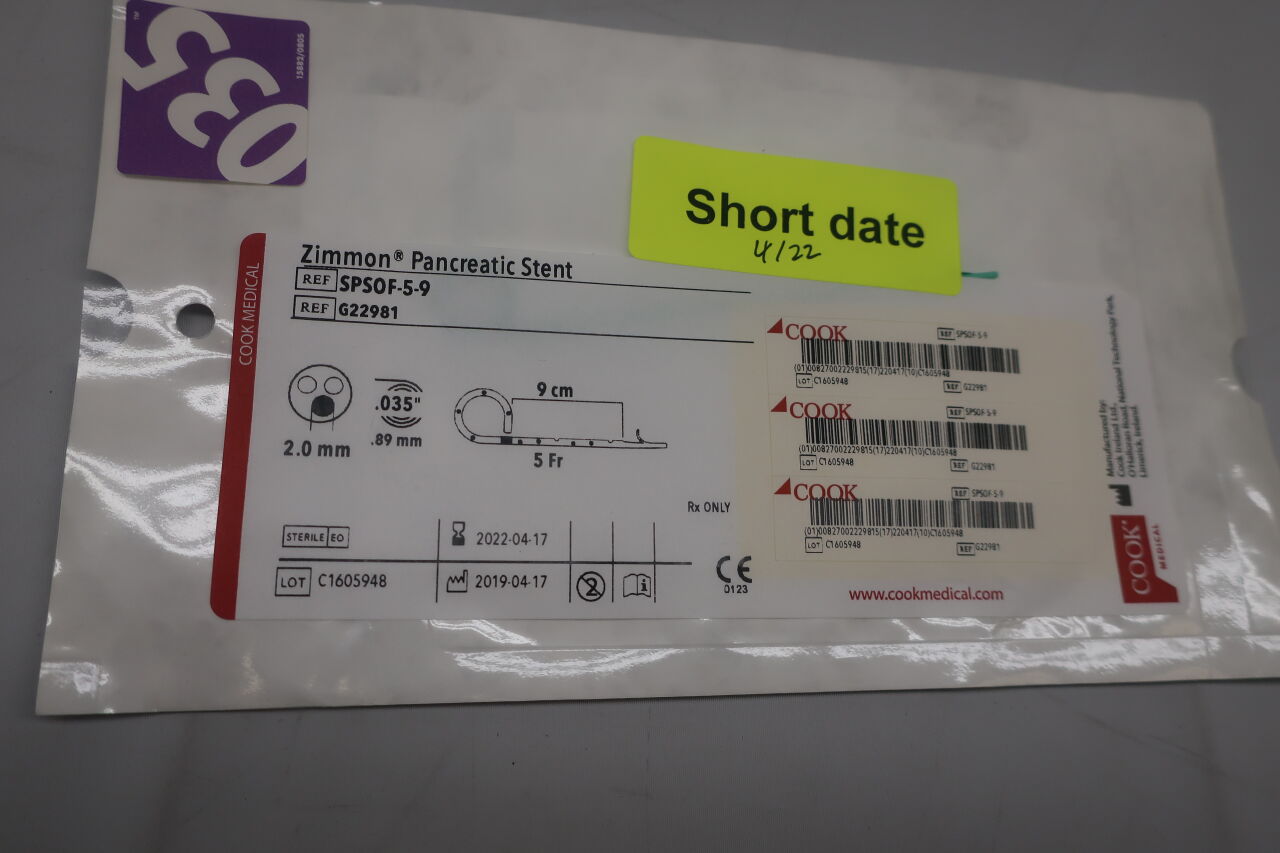 G22981 - COOK - Zimmon Pancreatic Stent - SPSOF-5-9 - 5Fr x 9cm, (EA) - ( Expiry Date: 2023-11-12 )