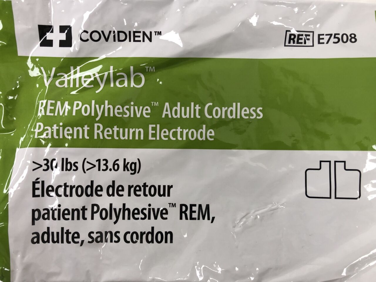E7508 - COVIDIEN - Valleylab REM Polyhesive Adult Cordless Patient Return Electrode, >30lbs, (EA) - ( Expiry Date: 2024-04-30 )