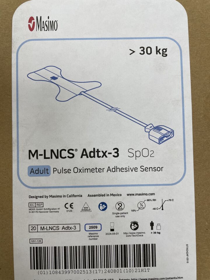 2509 - MASIMO - M-LNCS Adtx-3 SpO2 Adult Pulse Oximeter Adhesive Sensor 3ft. Cable >30kg , (BX/20) - ( Expiry Date: 2024-08-01 )