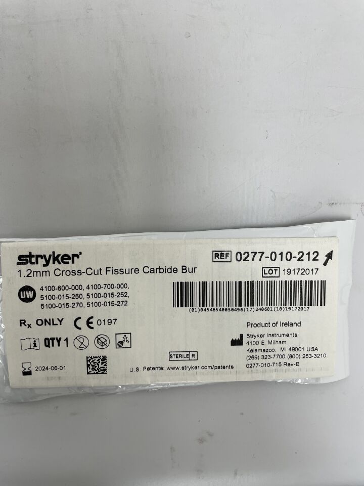 0277-010-212 - STRYKER -  1.2mm Cross-Cut Fissure Carbide Bur, (EA) - ( Expiry Date: 2024-06-01 )