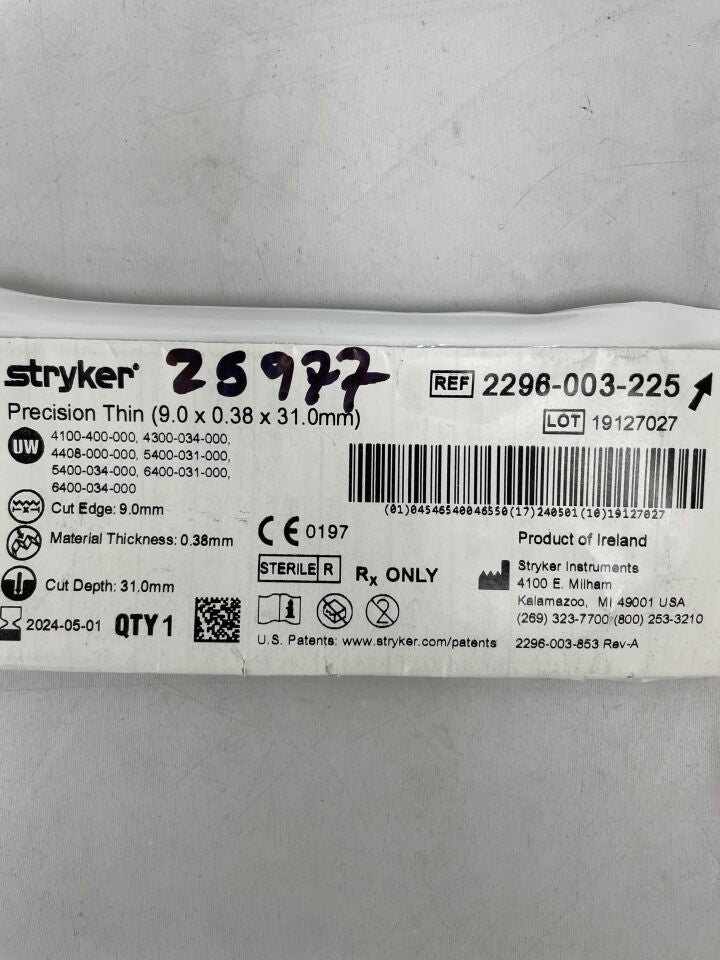 2296-003-225 - STRYKER - Precision Thin Blade, Long, Medium, Aggressive 9.0mm x 0.38mm x 31mm, (EA) - ( Expiry Date: 2024-05-01 )