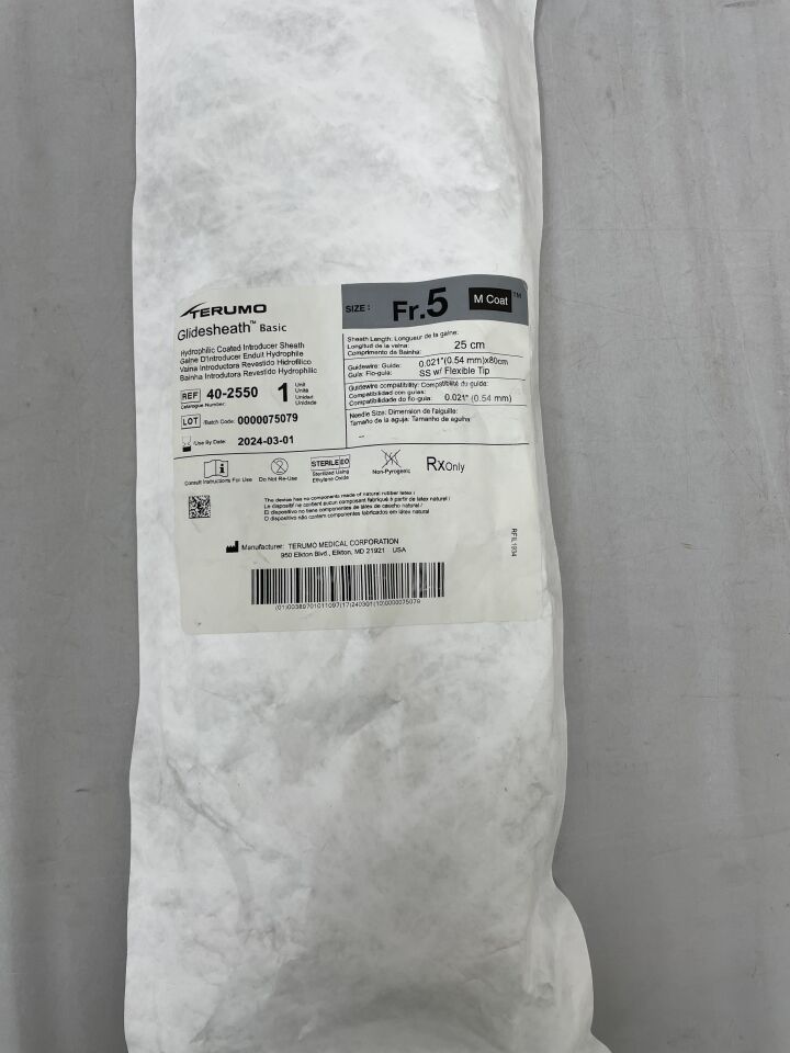 40-2550 - TERUMO - Glidesheath Basic Hydrophilic Coated Introducer Sheath - 5Fr x 25cm x .021", () - ( Expiry Date: 2024-03-01 )