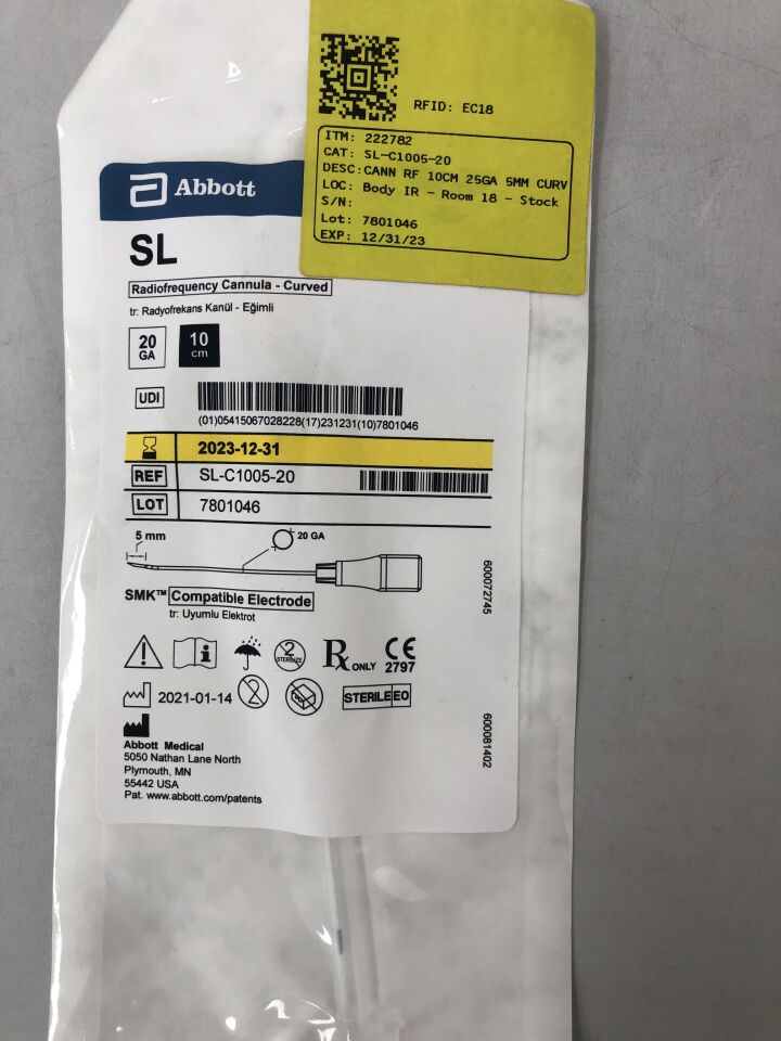 SL-C1005-20 - ABBOTT - SL Radiofrequency Cannula, Curved, 20ga x 10cm, SMK Compatible Electrode, (EA)