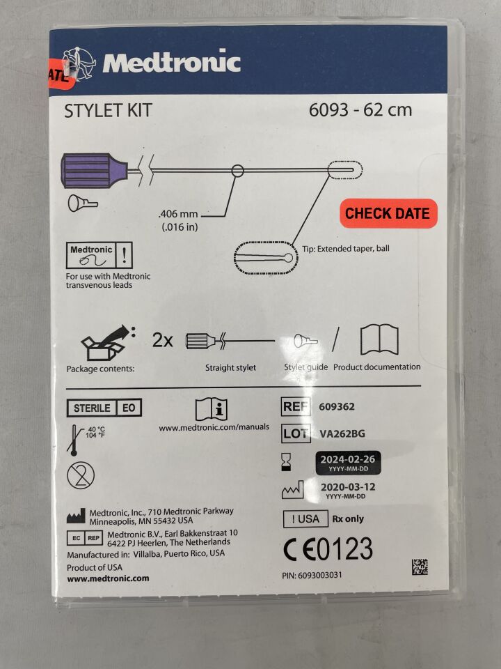 6093-62 - MEDTRONIC - Stylet Kit, Straight, extended-taper, ball-tipped stylet for use w/ transvenous leads , 62cm, (EA) - ( Expiry Date: 2024-02-26 )