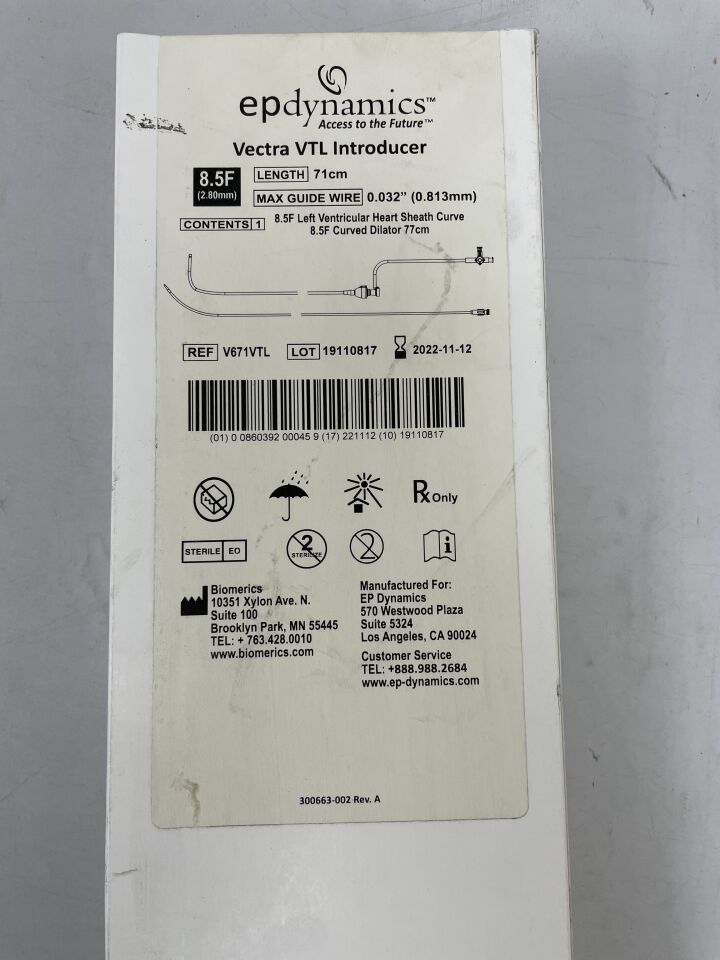 V671VTL - PHILIPS - EP Dynamics Vectra VTL Ablation Introducer, Left Ventricular Heart Sheath Curve 8.5F x 71cm, (BX/1) - ( Expiry Date: 2022-11-12 )
