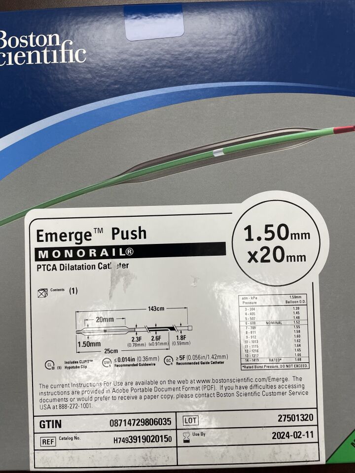 391902015 - BOSTON SCIENTIFIC - Emerge Push Monorail PTCA Dilatation Catheter - 1.50mm x 20mm, (BX/1) - ( Expiry Date: 2024-02-11 )