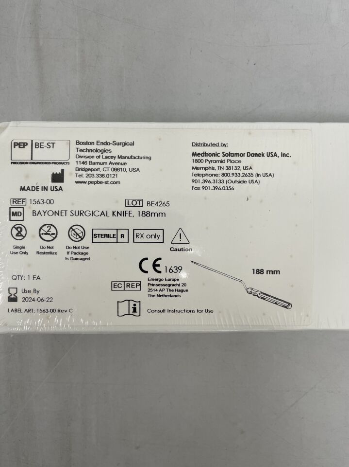1563-00 - MEDTRONIC - Bayonet Knife, Long, 188 mm, (BX/1) - ( Expiry Date: 2024-06-22 )