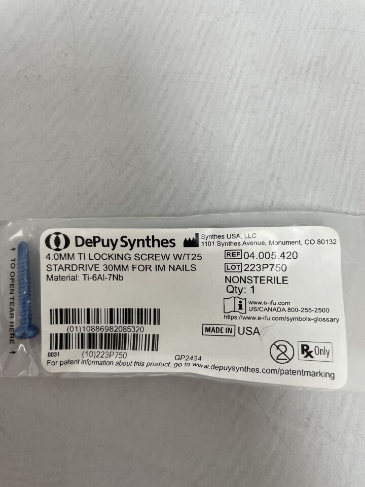 04.005.420 - SYNTHES - 4.0mm ti locking screw w/t25 stardrive 30mm for im nails, (EA) - ( Expiry Date: 2099-12-31 )