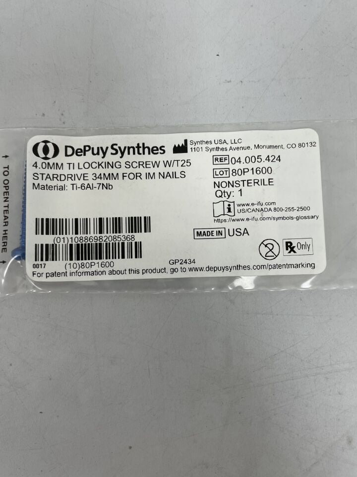 04.005.424 - SYNTHES - 4.0mm ti locking screw w/t25 stardrive 34mm for im nails, (EA) - ( Expiry Date: 2099-12-31 )